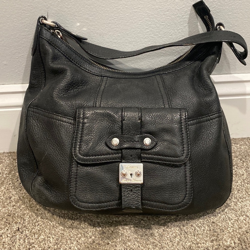 Lauren Ralph Lauren Black Leather Shoulder Bag with Front Buckle